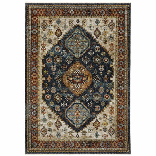 8' X 11' Blue Red Beige Orange Gold And Tan Oriental Power Loom Stain Resistant Area Rug With Fringe - Homeroots - Flyclothing LLC