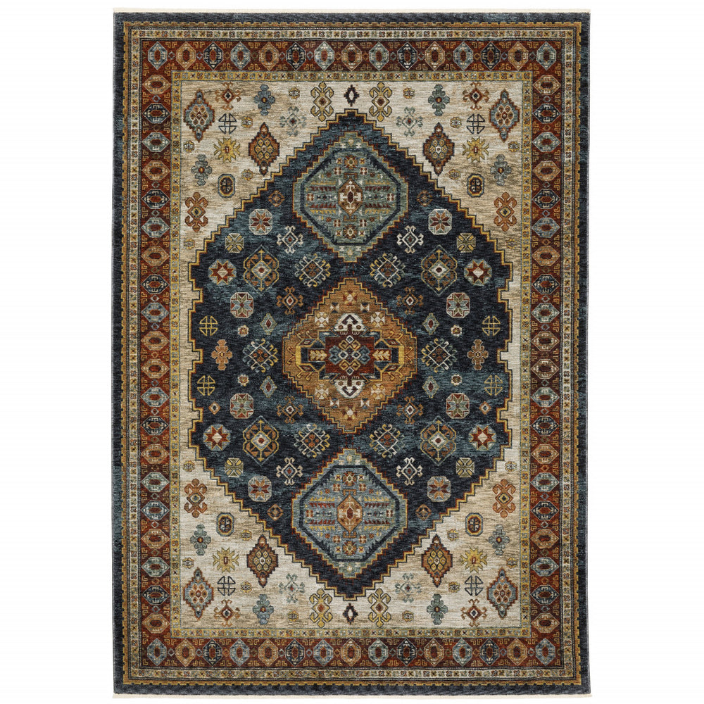 10' X 13' Blue Red Beige Orange Gold And Tan Oriental Power Loom Stain Resistant Area Rug With Fringe - Homeroots