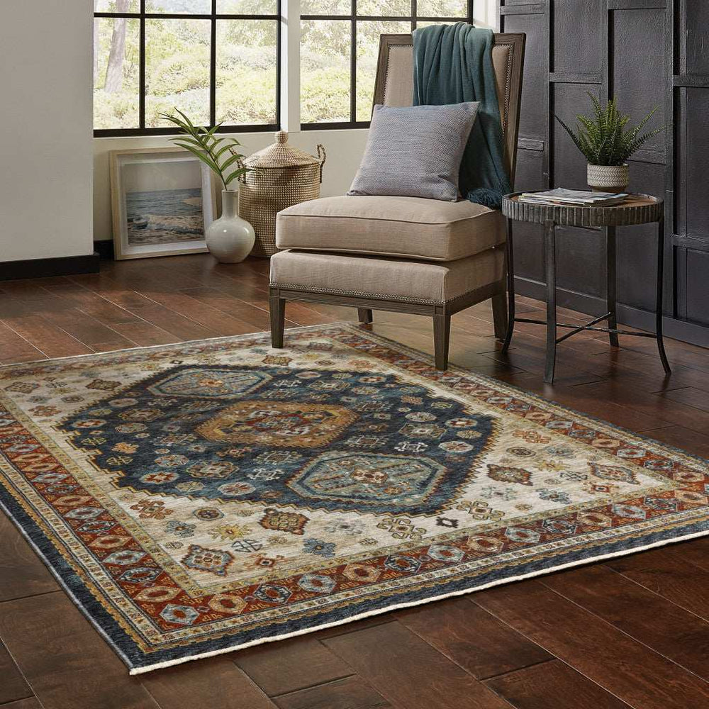 10' X 13' Blue Red Beige Orange Gold And Tan Oriental Power Loom Stain Resistant Area Rug With Fringe - Homeroots - Flyclothing LLC