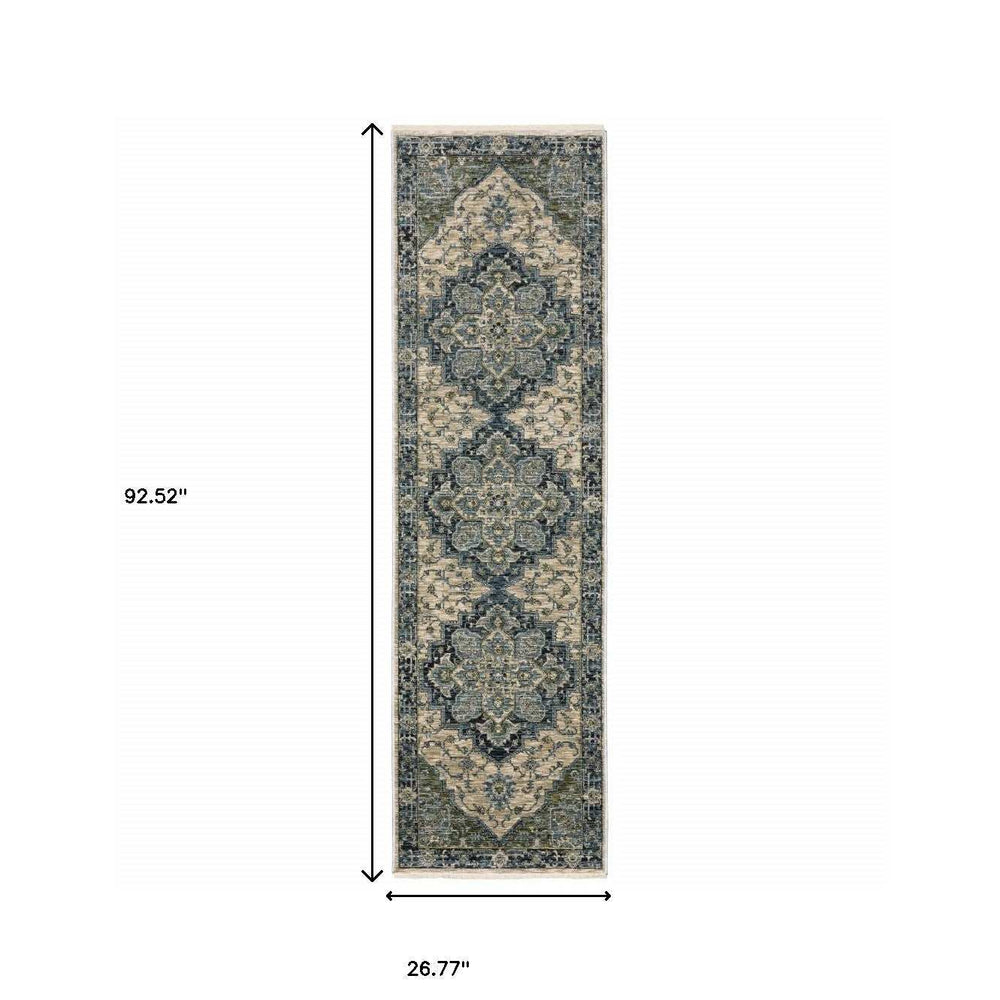 2' X 8' Blue And Beige Oriental Power Loom Runner Rug With Fringe - Homeroots - Flyclothing LLC