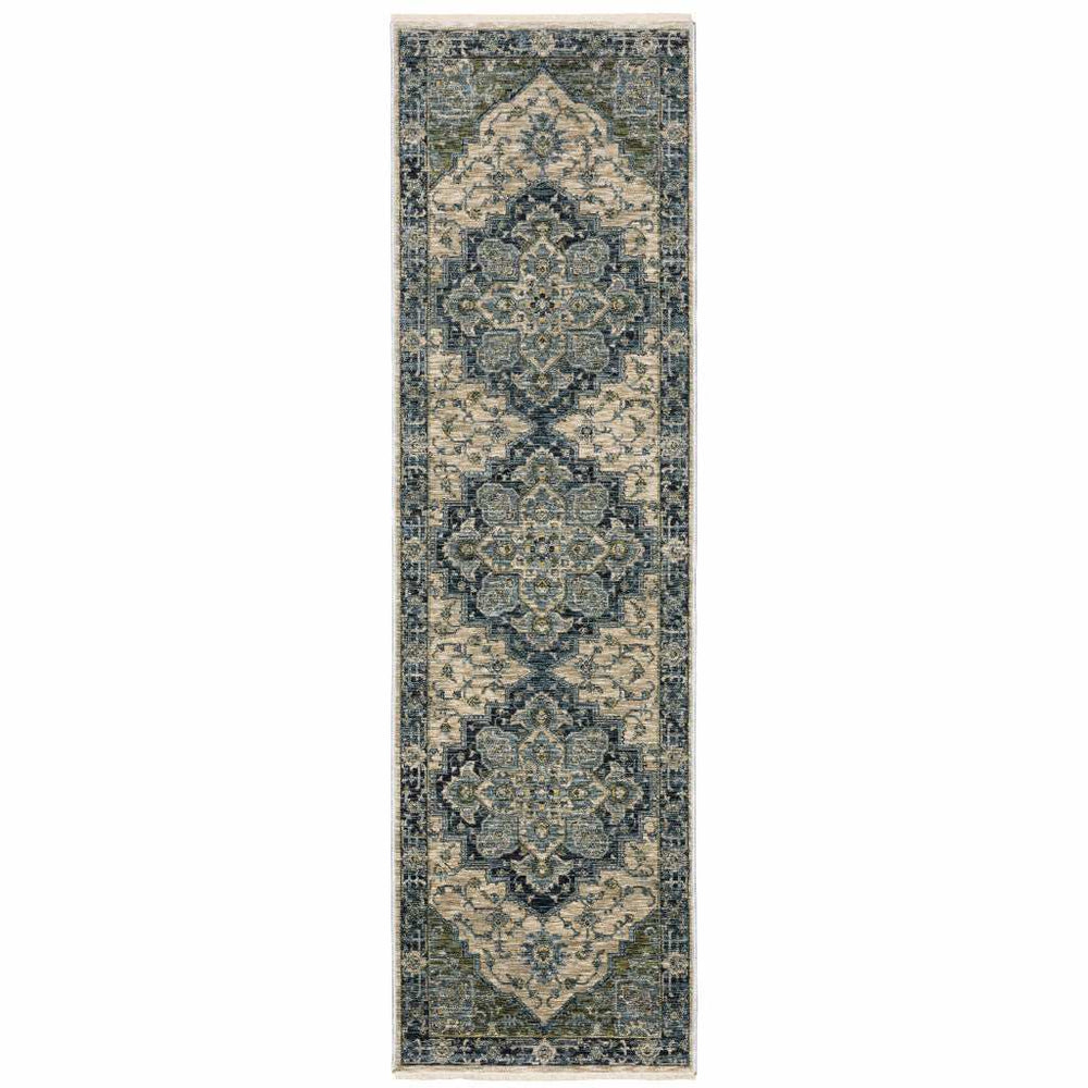 2' X 8' Blue And Beige Oriental Power Loom Runner Rug With Fringe - Homeroots - Flyclothing LLC