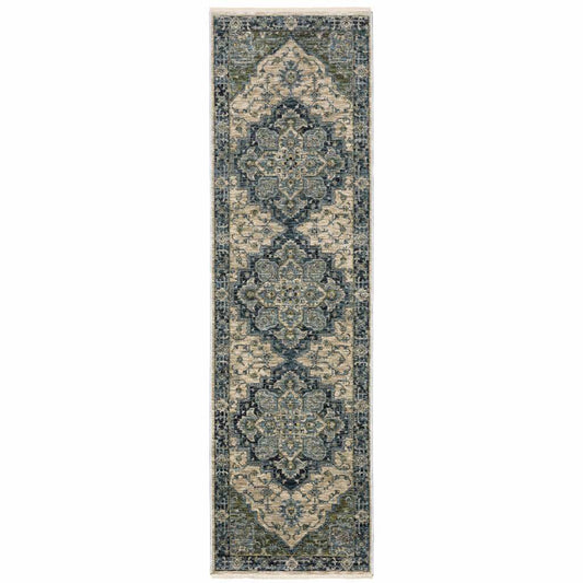 2' X 8' Blue And Beige Oriental Power Loom Runner Rug With Fringe - Homeroots - Flyclothing LLC