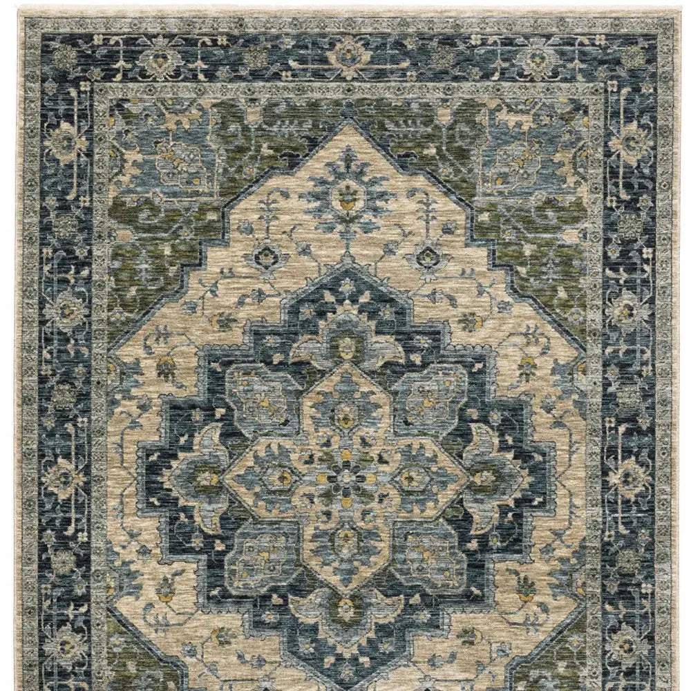 2' X 3' Blue Grey Beige Tan Green And Gold Oriental Power Loom Stain Resistant Area Rug With Fringe - Homeroots - Flyclothing LLC