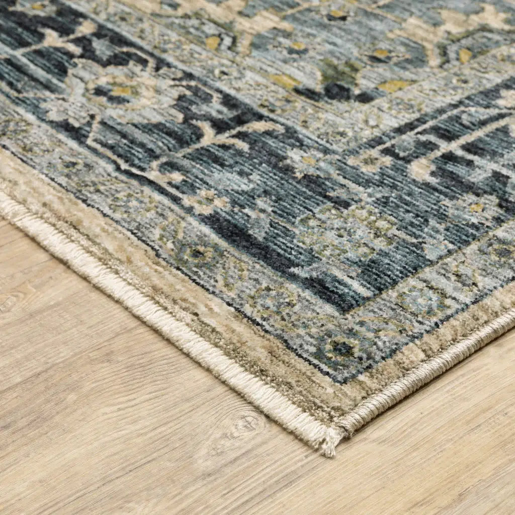 2' X 3' Blue Grey Beige Tan Green And Gold Oriental Power Loom Stain Resistant Area Rug With Fringe - Homeroots - Flyclothing LLC