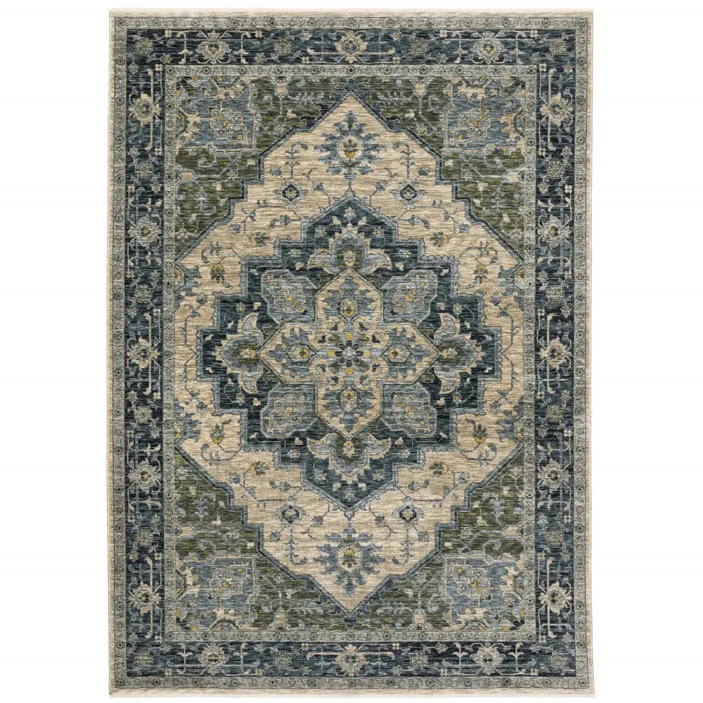 6' X 9' Blue Grey Beige Tan Green And Gold Oriental Power Loom Stain Resistant Area Rug With Fringe - Homeroots - Flyclothing LLC