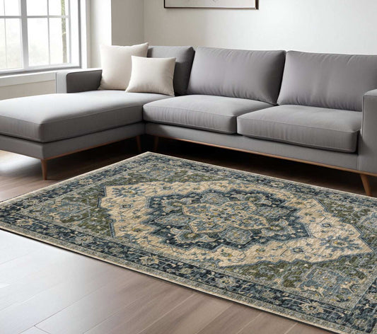 6' X 9' Blue Grey Beige Tan Green And Gold Oriental Power Loom Stain Resistant Area Rug With Fringe - Homeroots - Flyclothing LLC
