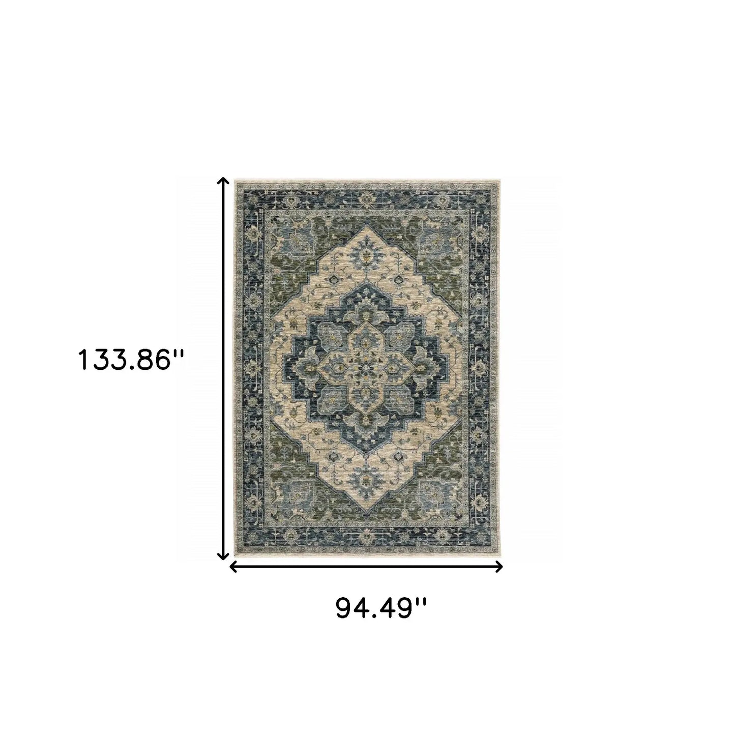 8' X 11' Blue Grey Beige Tan Green And Gold Oriental Power Loom Stain Resistant Area Rug With Fringe - Homeroots - Flyclothing LLC