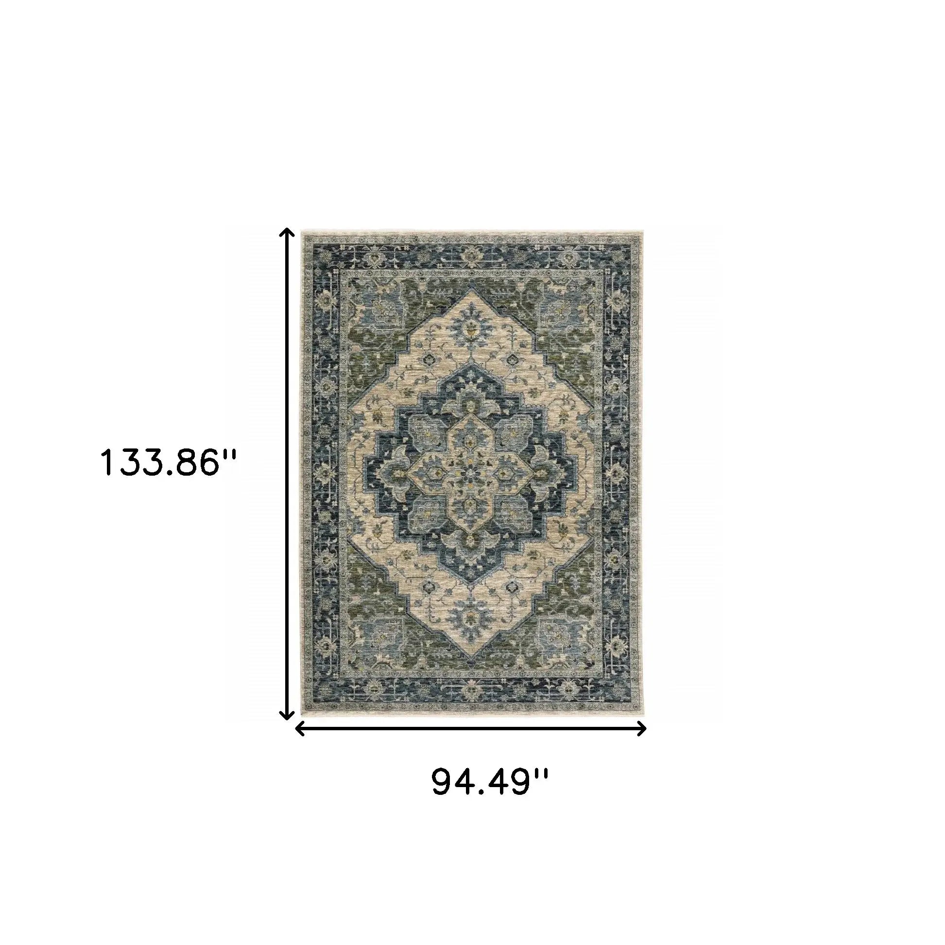 8' X 11' Blue Grey Beige Tan Green And Gold Oriental Power Loom Stain Resistant Area Rug With Fringe - Homeroots - Flyclothing LLC