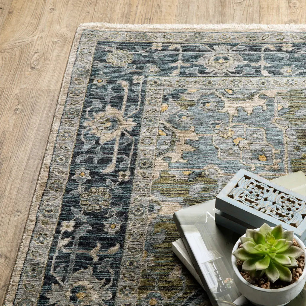 10' X 13' Blue Grey Beige Tan Green And Gold Oriental Power Loom Stain Resistant Area Rug With Fringe - Homeroots - Flyclothing LLC