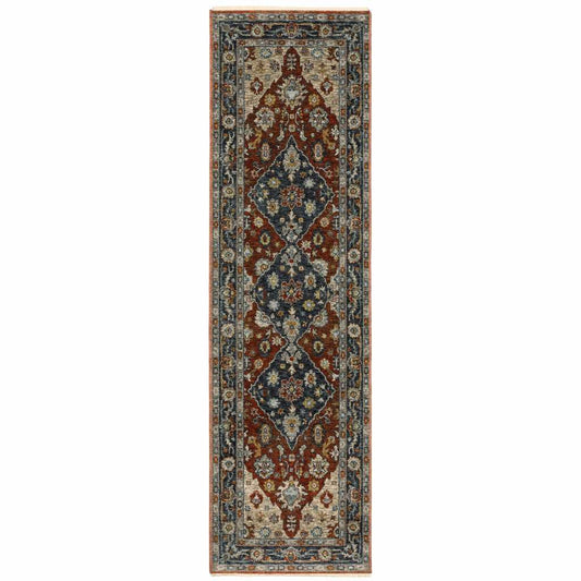 2' X 8' Blue Beige Tan Brown Gold And Rust Red Oriental Power Loom Stain Resistant Runner Rug With Fringe - Homeroots - Flyclothing LLC