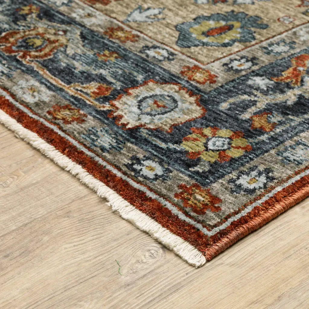 2' X 8' Blue Beige Tan Brown Gold And Rust Red Oriental Power Loom Stain Resistant Runner Rug With Fringe - Homeroots - Flyclothing LLC