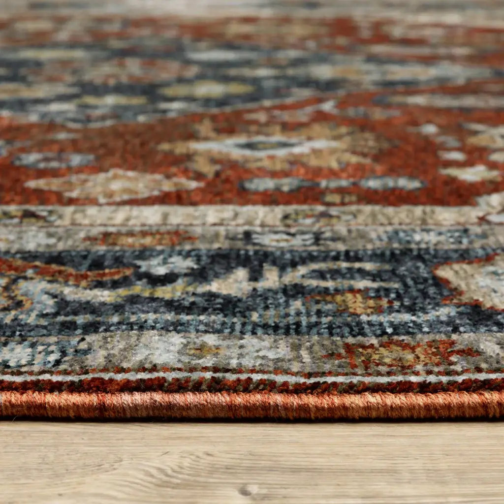 2' X 8' Blue Beige Tan Brown Gold And Rust Red Oriental Power Loom Stain Resistant Runner Rug With Fringe - Homeroots - Flyclothing LLC