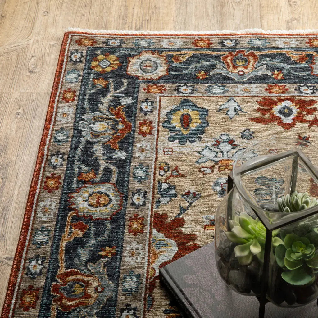 2' X 8' Blue Beige Tan Brown Gold And Rust Red Oriental Power Loom Stain Resistant Runner Rug With Fringe - Homeroots - Flyclothing LLC