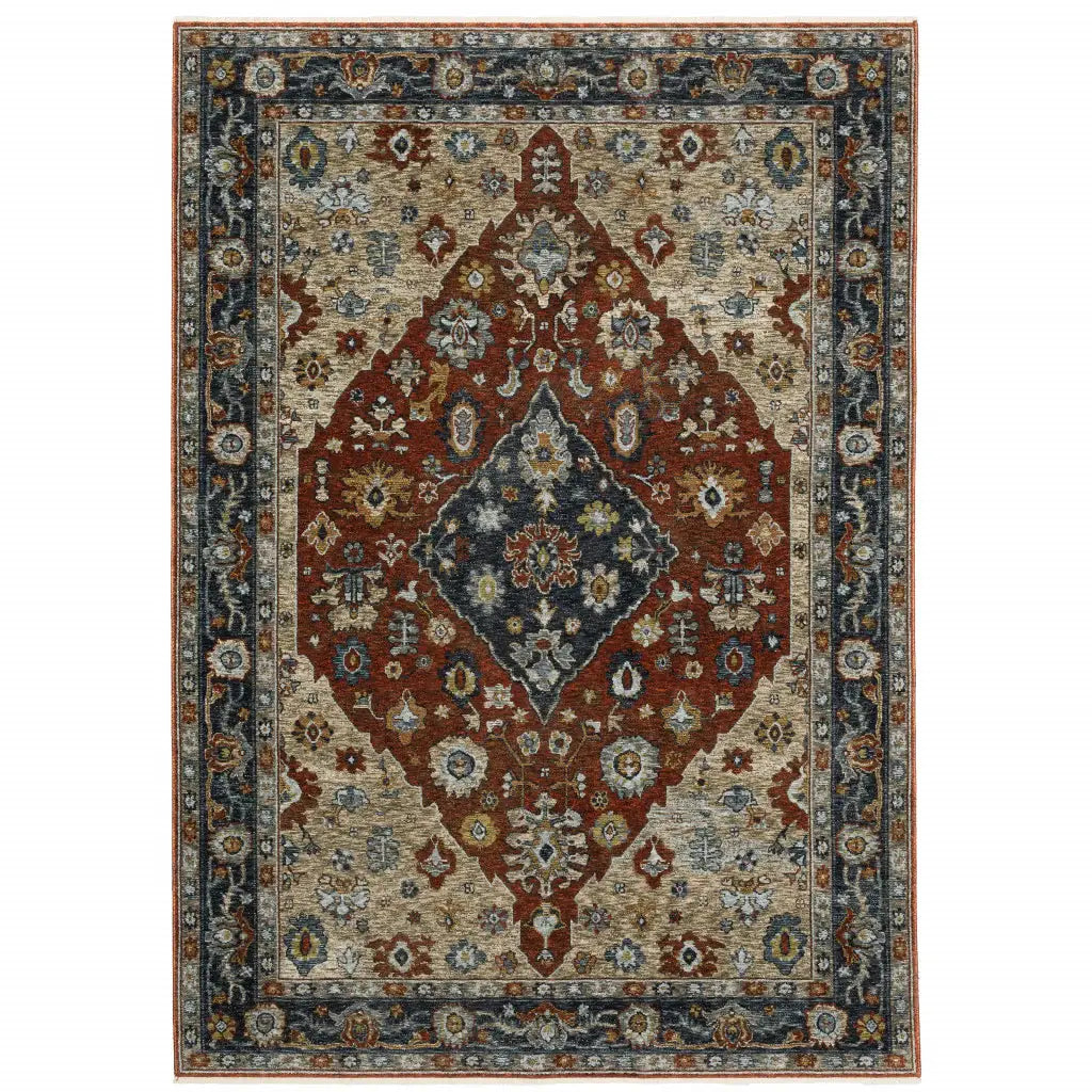 2' X 3' Blue Beige Tan Brown Gold And Rust Red Oriental Power Loom Stain Resistant Area Rug With Fringe - Homeroots - Flyclothing LLC