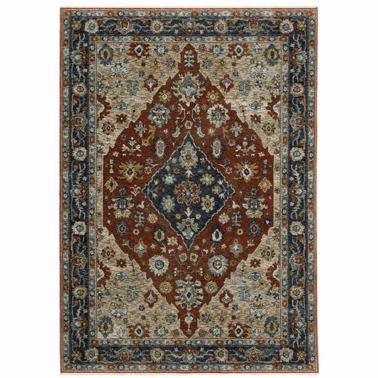 2' X 3' Blue Beige Tan Brown Gold And Rust Red Oriental Power Loom Stain Resistant Area Rug With Fringe - Homeroots - Flyclothing LLC