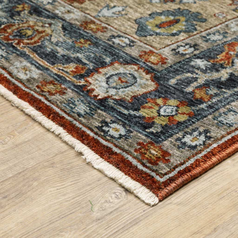 2' X 3' Blue Beige Tan Brown Gold And Rust Red Oriental Power Loom Stain Resistant Area Rug With Fringe - Homeroots - Flyclothing LLC