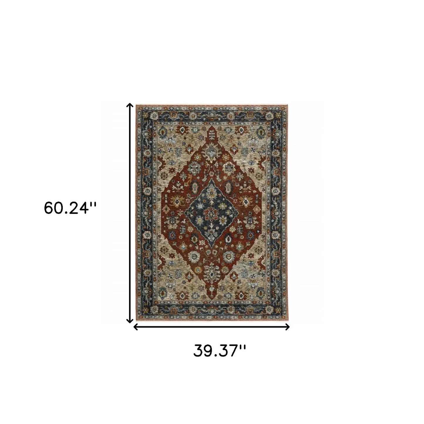 3' X 5' Blue Beige Tan Brown Gold And Rust Red Oriental Power Loom Stain Resistant Area Rug With Fringe - Homeroots - Flyclothing LLC