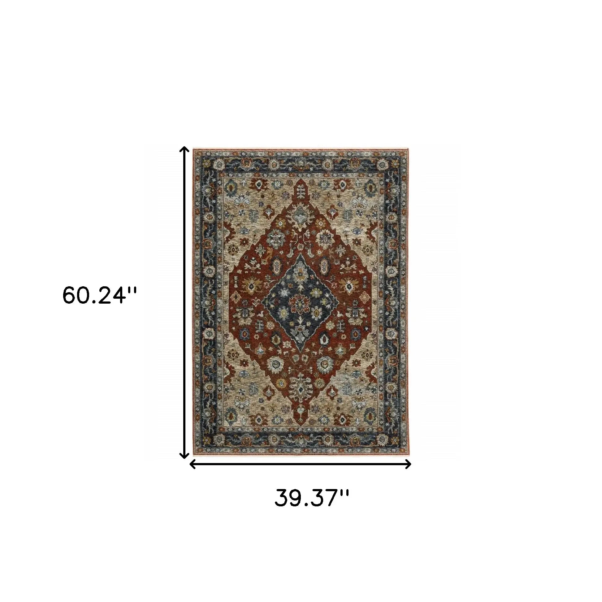 3' X 5' Blue Beige Tan Brown Gold And Rust Red Oriental Power Loom Stain Resistant Area Rug With Fringe - Homeroots - Flyclothing LLC