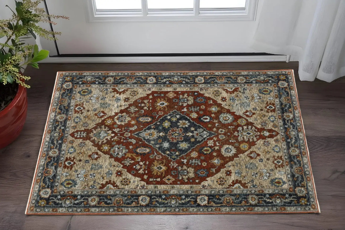 3' X 5' Blue Beige Tan Brown Gold And Rust Red Oriental Power Loom Stain Resistant Area Rug With Fringe - Homeroots - Flyclothing LLC