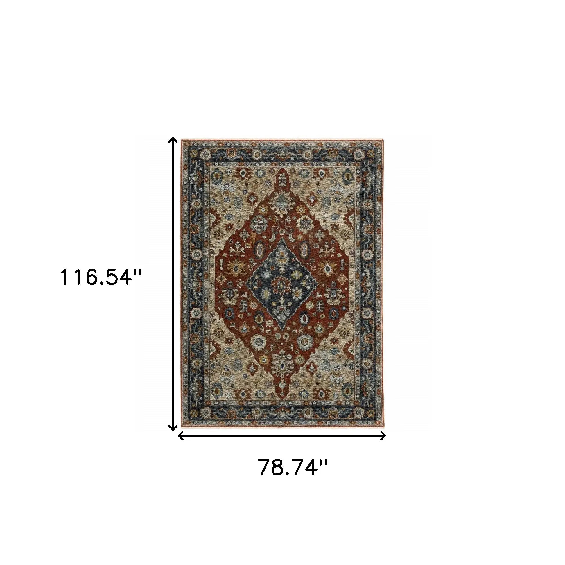 6' X 9' Blue Beige Tan Brown Gold And Rust Red Oriental Power Loom Stain Resistant Area Rug With Fringe - Homeroots - Flyclothing LLC