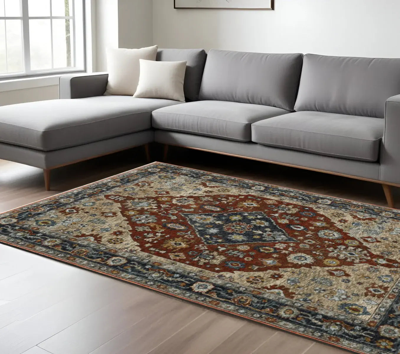 6' X 9' Blue Beige Tan Brown Gold And Rust Red Oriental Power Loom Stain Resistant Area Rug With Fringe - Homeroots - Flyclothing LLC