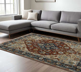 6' X 9' Blue Beige Tan Brown Gold And Rust Red Oriental Power Loom Stain Resistant Area Rug With Fringe - Homeroots - Flyclothing LLC