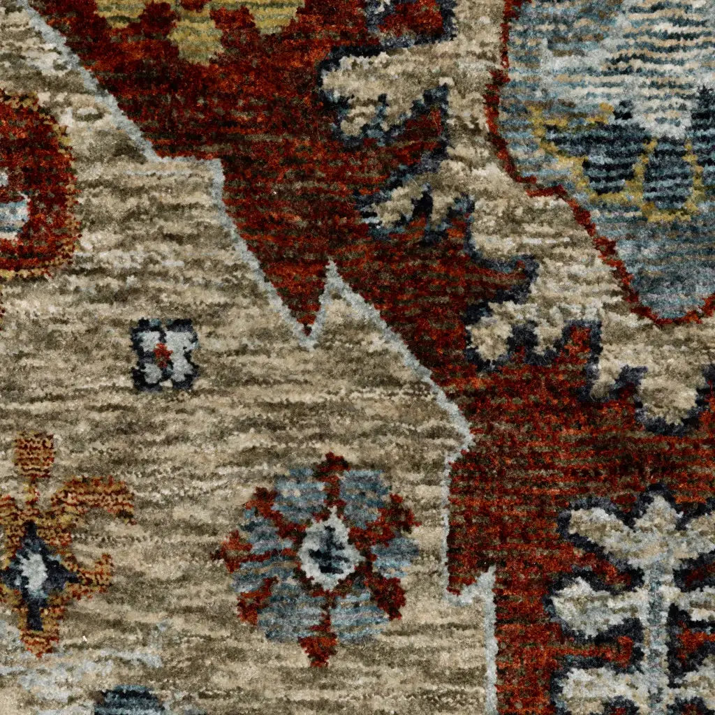 8' X 11' Blue Beige Tan Brown Gold And Rust Red Oriental Power Loom Stain Resistant Area Rug With Fringe - Homeroots - Flyclothing LLC