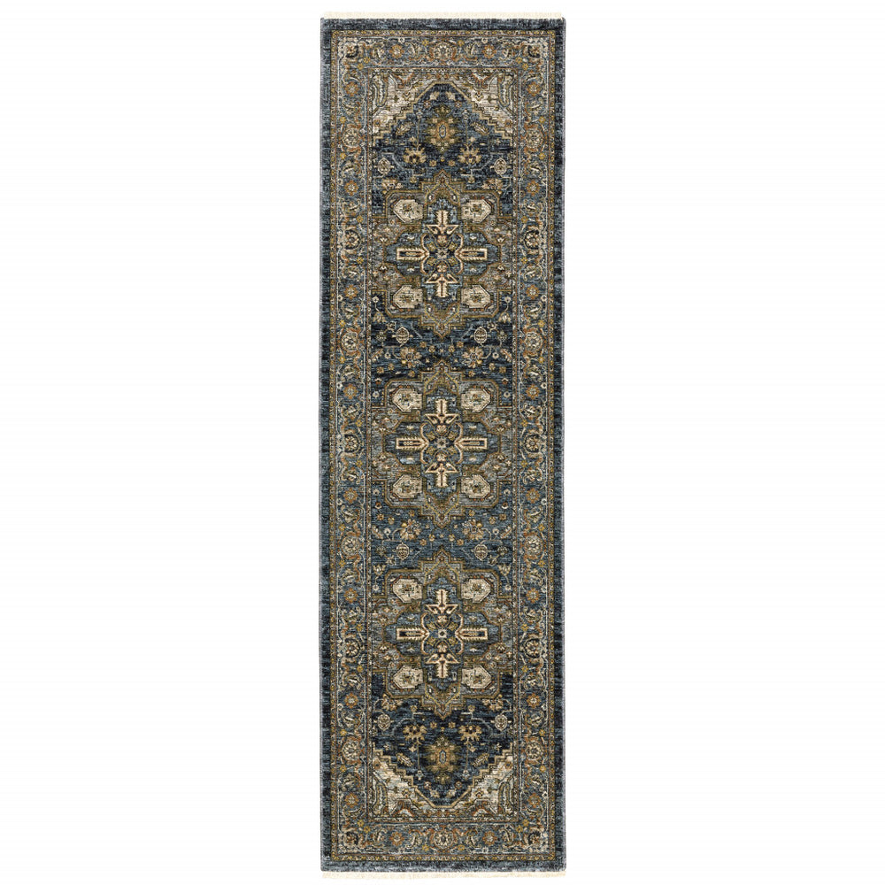 8' Blue and Green Oriental Power Loom Runner Rug - Homeroots