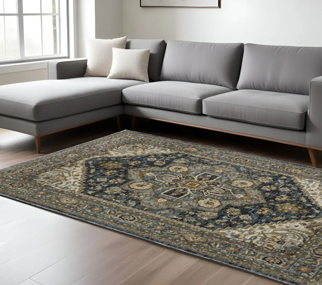 6' X 9' Blue Taupe Grey Green Rust Tan Beige And Gold Oriental Power Loom Stain Resistant Area Rug With Fringe - Homeroots - Flyclothing LLC