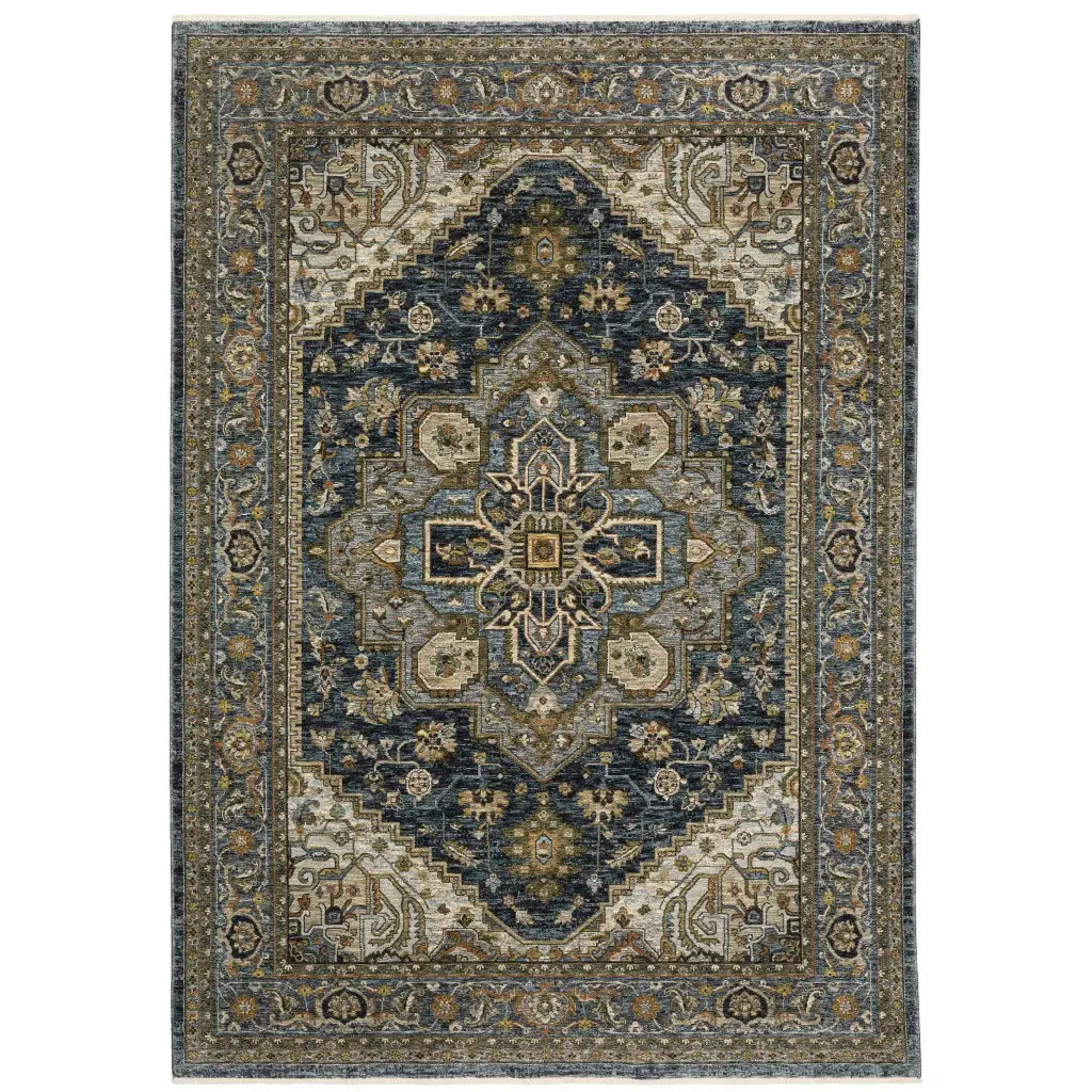 8' X 11' Blue Taupe Grey Green Rust Tan Beige And Gold Oriental Power Loom Stain Resistant Area Rug With Fringe - Homeroots - Flyclothing LLC