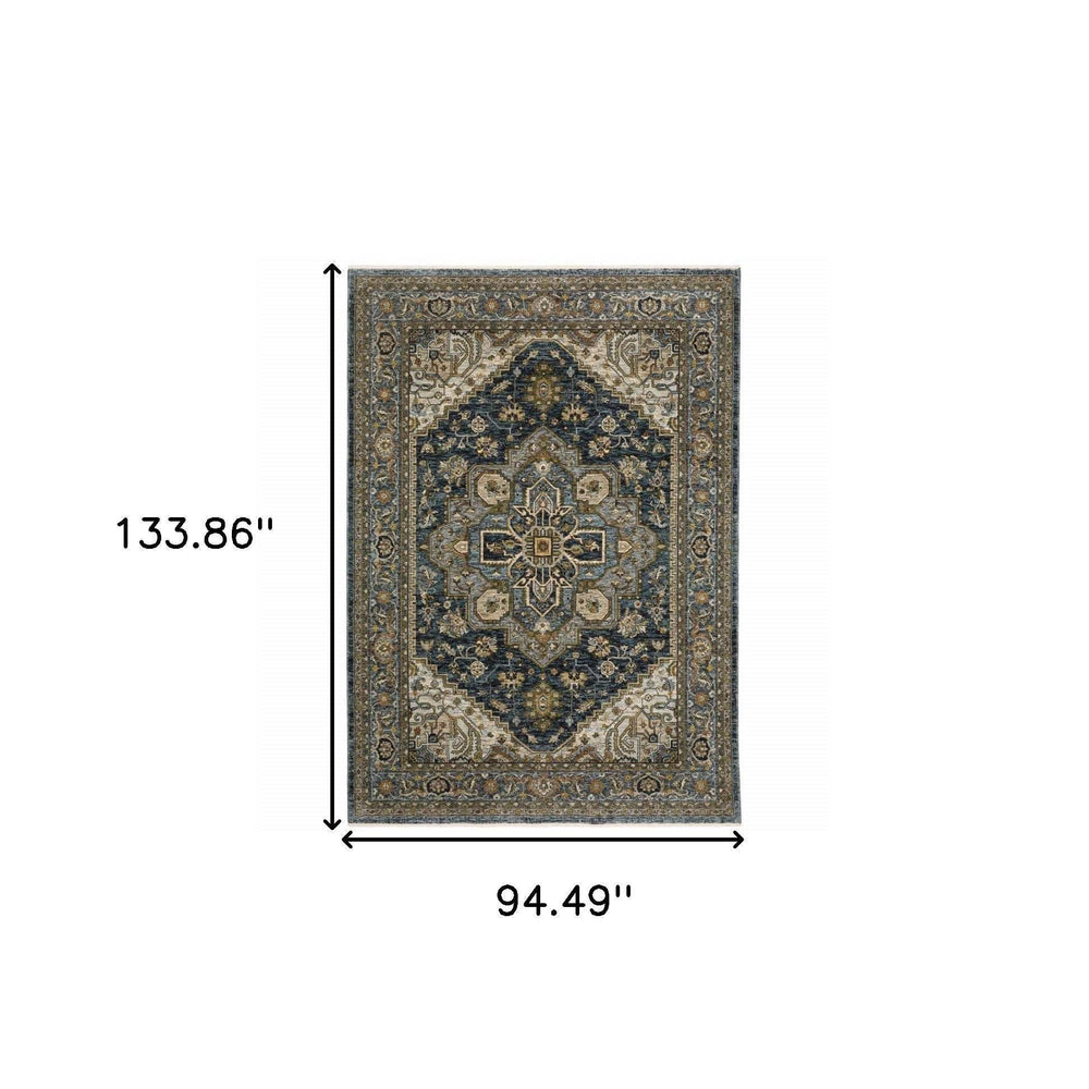 8' X 11' Blue Taupe Grey Green Rust Tan Beige And Gold Oriental Power Loom Stain Resistant Area Rug With Fringe - Homeroots - Flyclothing LLC