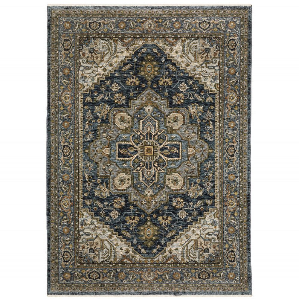 10' X 13' Blue Taupe Grey Green Rust Tan Beige And Gold Oriental Power Loom Stain Resistant Area Rug With Fringe - Homeroots