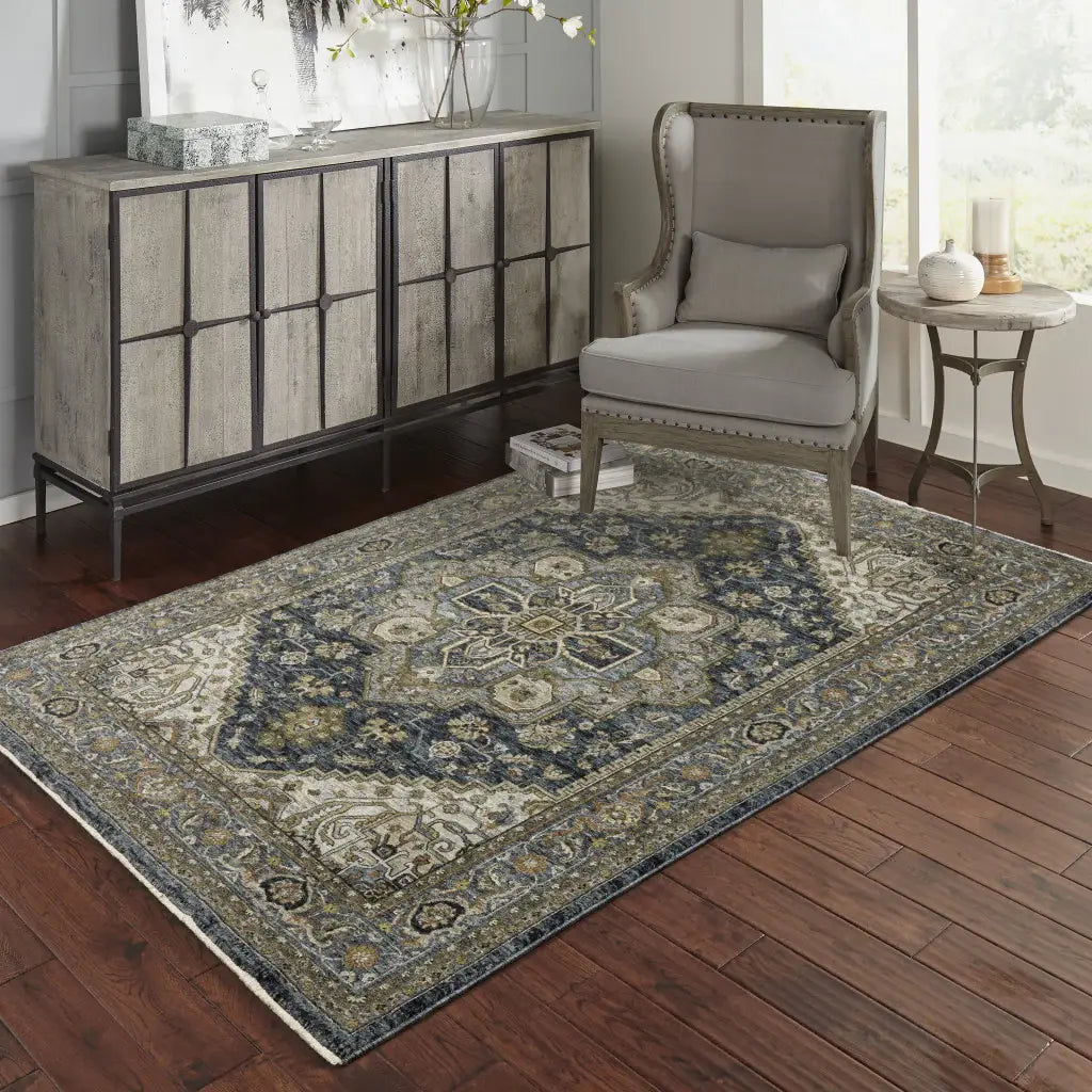 10' X 13' Blue Taupe Grey Green Rust Tan Beige And Gold Oriental Power Loom Stain Resistant Area Rug With Fringe - Homeroots - Flyclothing LLC