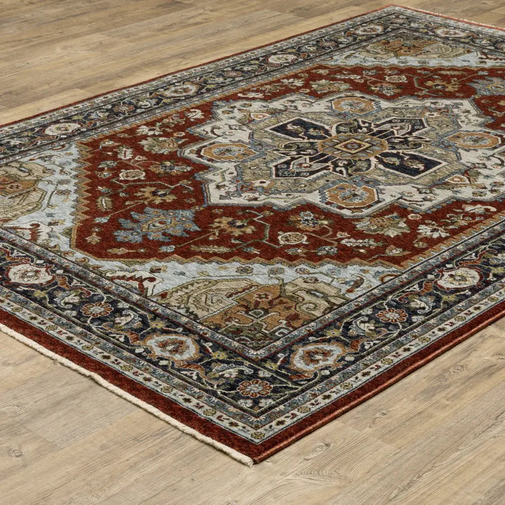 2' X 3' Blue Beige Grey Gold Green And Rust Red Oriental Power Loom Stain Resistant Area Rug With Fringe - Homeroots - Flyclothing LLC