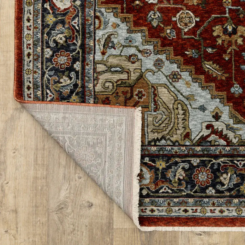 2' X 3' Blue Beige Grey Gold Green And Rust Red Oriental Power Loom Stain Resistant Area Rug With Fringe - Homeroots - Flyclothing LLC