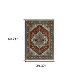 3' X 5' Blue Beige Grey Gold Green And Rust Red Oriental Power Loom Stain Resistant Area Rug With Fringe - Homeroots - Flyclothing LLC
