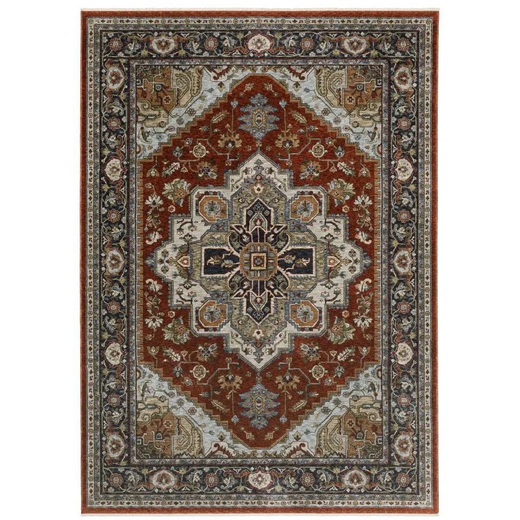 5' X 8' Blue Beige Grey Gold Green And Rust Red Oriental Power Loom Stain Resistant Area Rug With Fringe - Homeroots - Flyclothing LLC