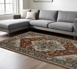 6' X 9' Blue Beige Grey Gold Green And Rust Red Oriental Power Loom Stain Resistant Area Rug With Fringe - Homeroots - Flyclothing LLC