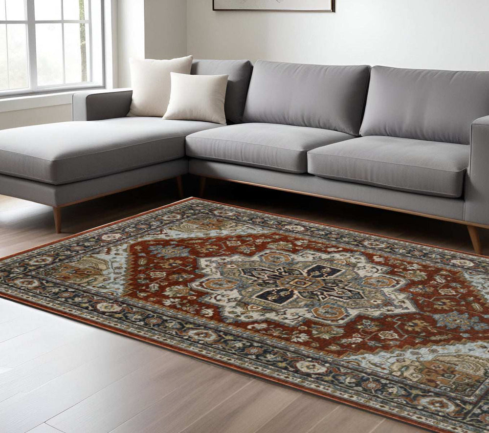 6' X 9' Blue Beige Grey Gold Green And Rust Red Oriental Power Loom Stain Resistant Area Rug With Fringe - Homeroots - Flyclothing LLC