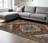 6' X 9' Blue Beige Grey Gold Green And Rust Red Oriental Power Loom Stain Resistant Area Rug With Fringe - Homeroots - Flyclothing LLC