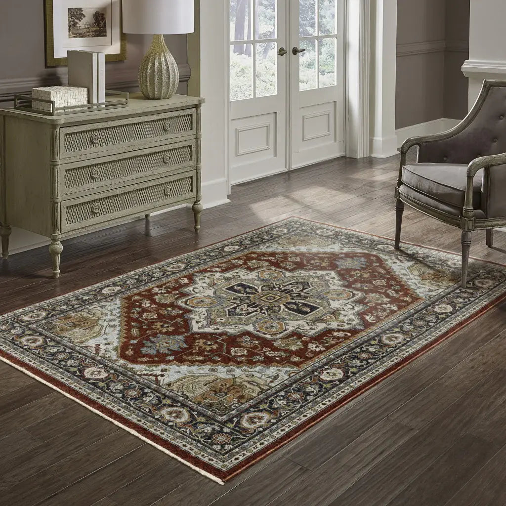 8' X 11' Blue Beige Grey Gold Green And Rust Red Oriental Power Loom Stain Resistant Area Rug With Fringe - Homeroots - Flyclothing LLC