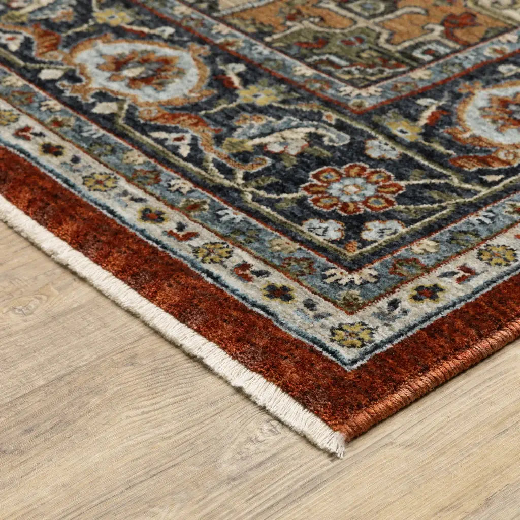 8' X 11' Blue Beige Grey Gold Green And Rust Red Oriental Power Loom Stain Resistant Area Rug With Fringe - Homeroots - Flyclothing LLC