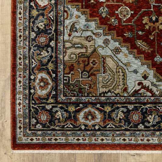 8' X 11' Blue Beige Grey Gold Green And Rust Red Oriental Power Loom Stain Resistant Area Rug With Fringe - Homeroots - Flyclothing LLC