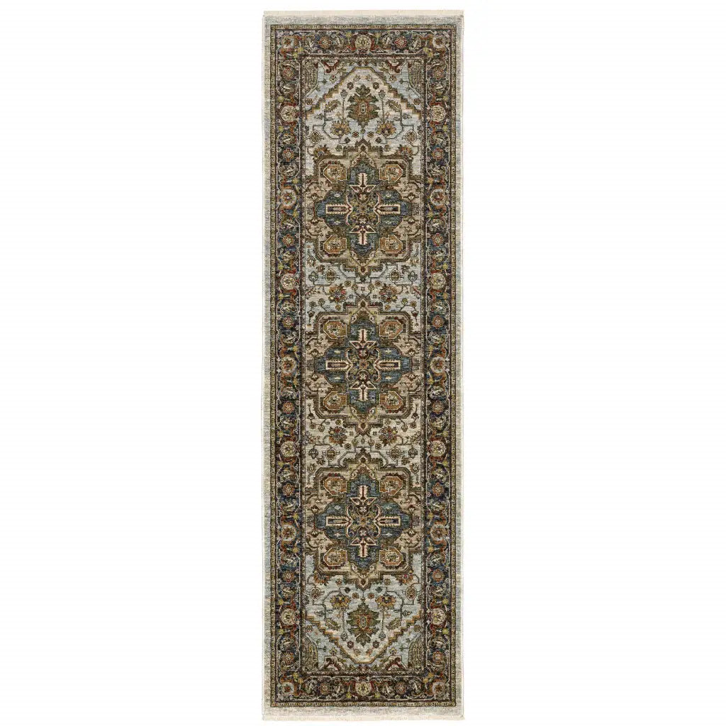 2' X 8' Ivory Beige Blue Orange Gold Green Grey And Rust Oriental Power Loom Stain Resistant Runner Rug With Fringe - Homeroots - Flyclothing LLC