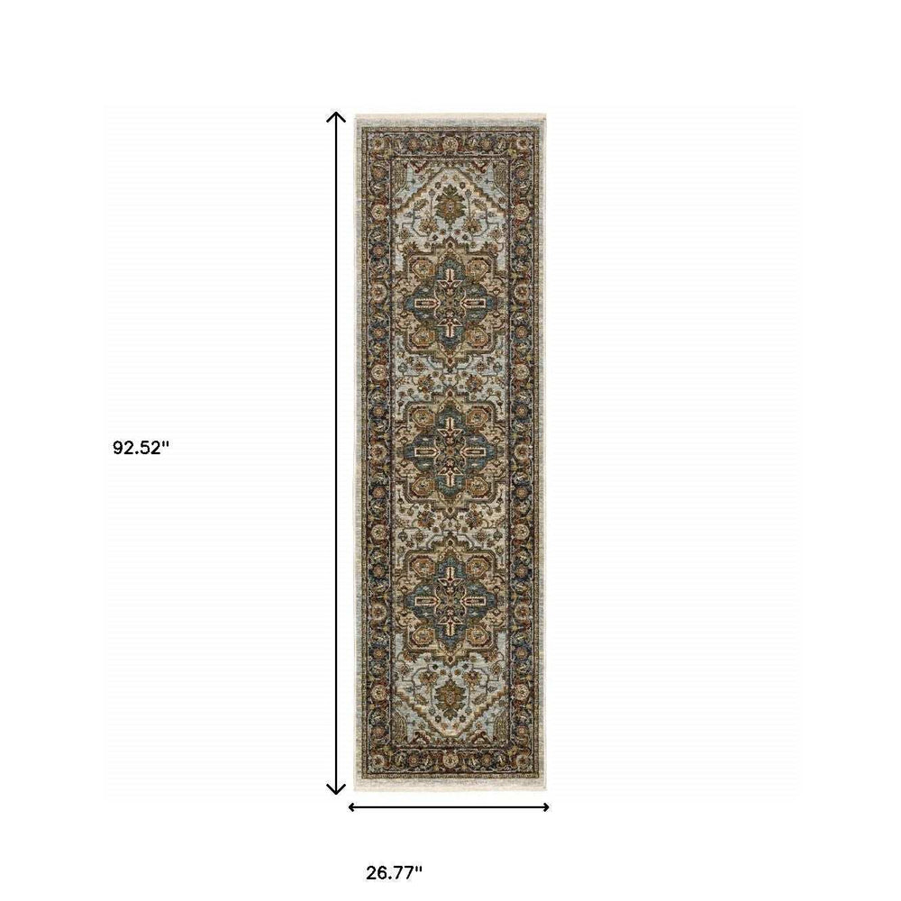 2' X 8' Ivory Beige Blue Orange Gold Green Grey And Rust Oriental Power Loom Stain Resistant Runner Rug With Fringe - Homeroots - Flyclothing LLC