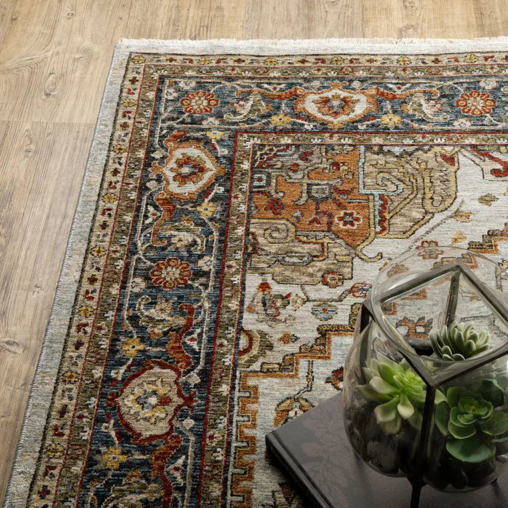 2' X 3' Ivory Beige Blue Orange Gold Green Grey And Rust Oriental Power Loom Stain Resistant Area Rug With Fringe - Homeroots - Flyclothing LLC