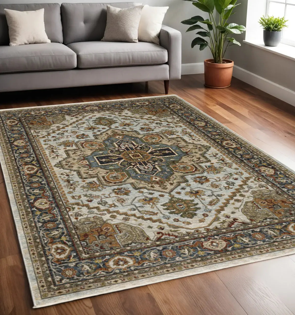 5' X 8' Ivory Beige Blue Orange Gold Green Grey And Rust Oriental Power Loom Stain Resistant Area Rug With Fringe - Homeroots - Flyclothing LLC