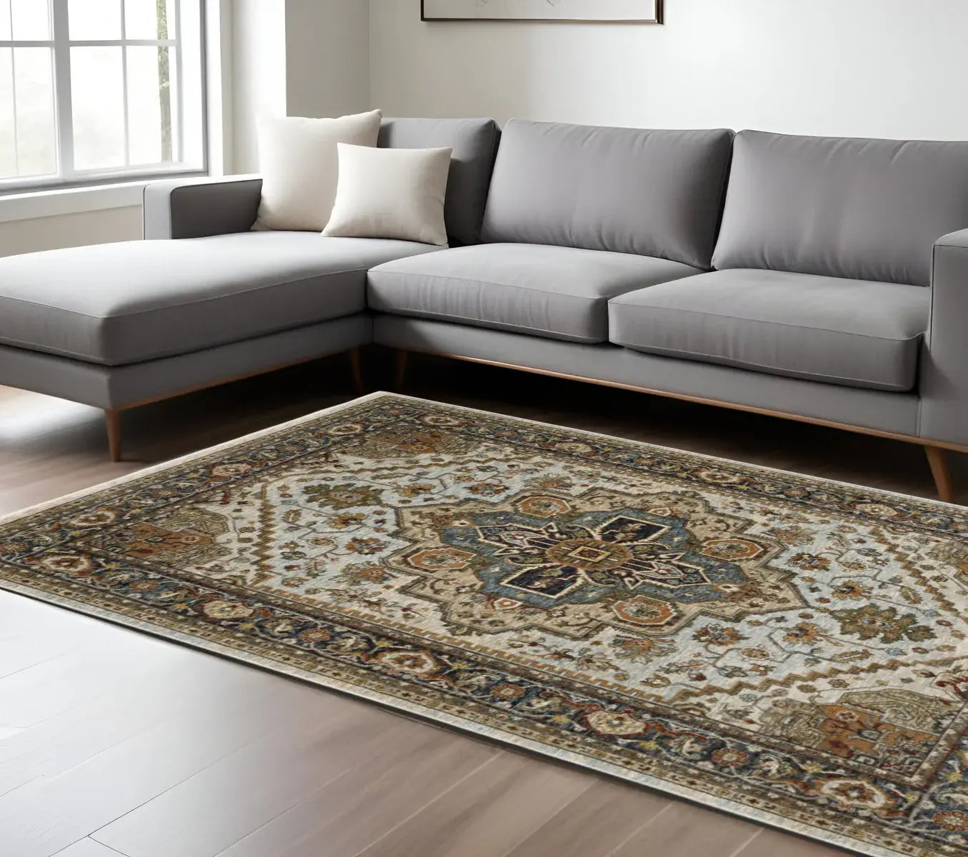 6' X 9' Ivory Beige Blue Orange Gold Green Grey And Rust Oriental Power Loom Stain Resistant Area Rug With Fringe - Homeroots - Flyclothing LLC