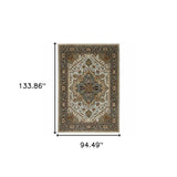 8' X 11' Ivory Beige Blue Orange Gold Green Grey And Rust Oriental Power Loom Stain Resistant Area Rug With Fringe - Homeroots - Flyclothing LLC
