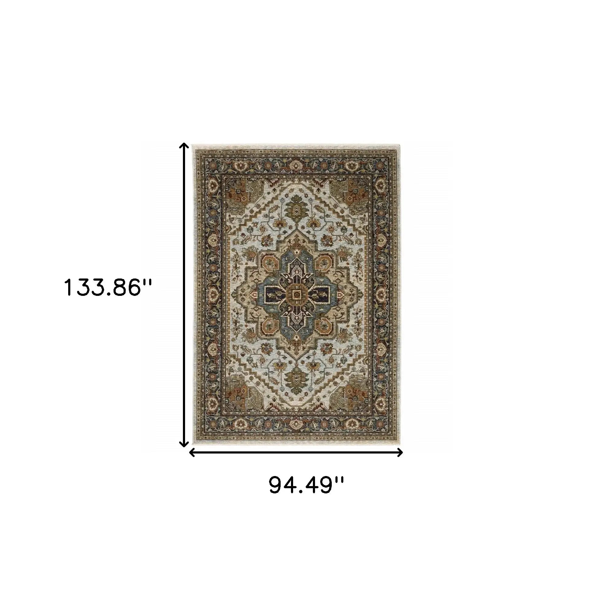 8' X 11' Ivory Beige Blue Orange Gold Green Grey And Rust Oriental Power Loom Stain Resistant Area Rug With Fringe - Homeroots - Flyclothing LLC